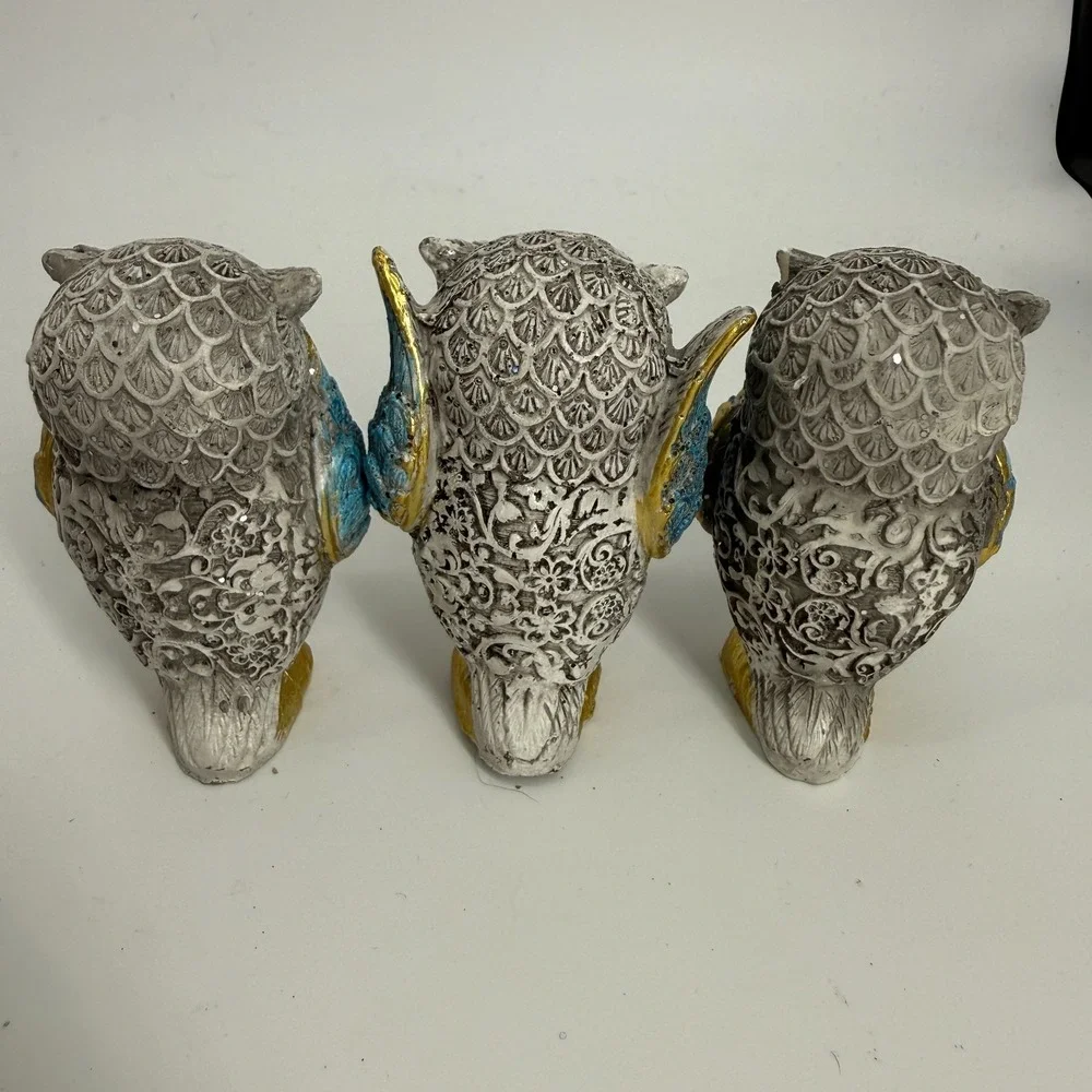 See, Hear & Speak No Evil Owl Set Figurine Statue Silver Gold‎ Blue 2.5